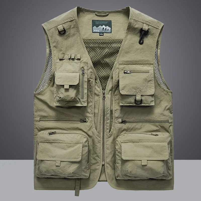 2025 Mens Vest Tactical Webbed Gear Coat Summer Pographer Waistcoat Tool Many Pocket Mesh Work Sleeveless Jacket Male 250725