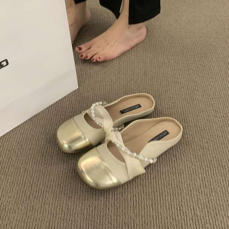 French Style Flat 2025 Pearl Pointed Toe Half Slippers Mary Jane Shoes for Women