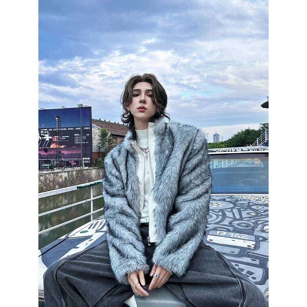 Trendy Male Imitation Mink Jackets Men's 2024 Autumn Winter New Loose Grey Coat Long Sleeve Zipper Faux Fur Coats