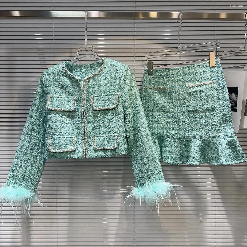 Dress Shiny Green Glitter Checkered Linen Jacket Diamond 3D Feather Fur Sleeve Coarse Suit Coat A-line Ruffle Edge Skirt