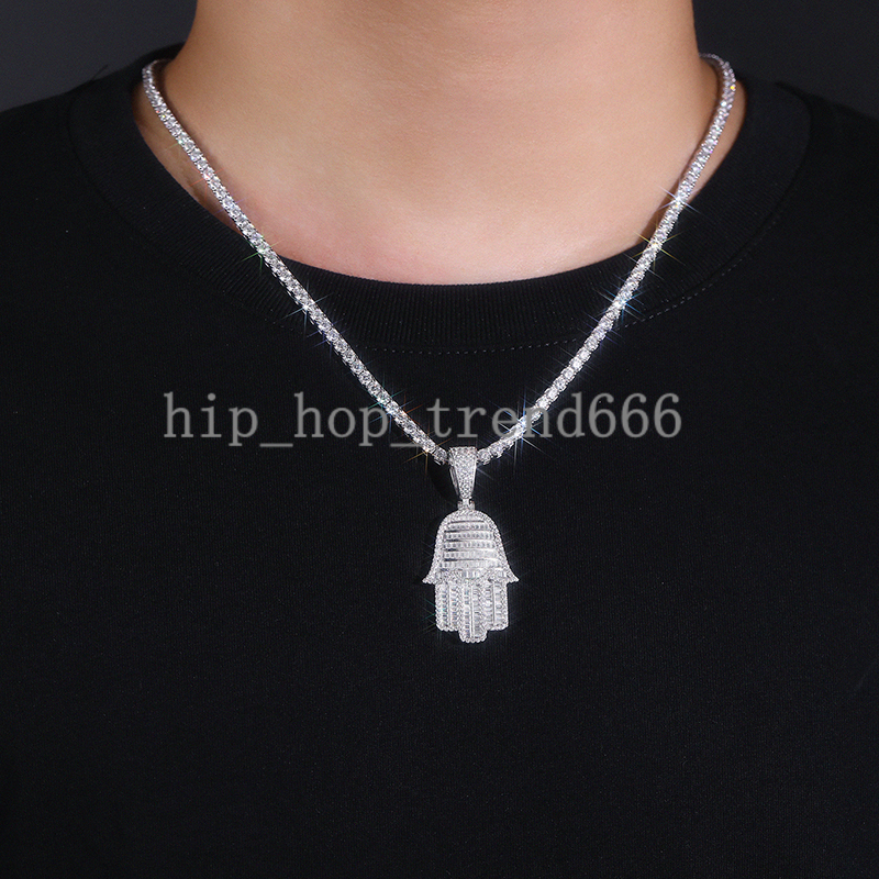 Factory Custom Iced Out Moissanite Hamsa Pendant Necklace S925 Silver with 18K Gold Plating Emerald Cut Hip Hop Jewelry Necklace