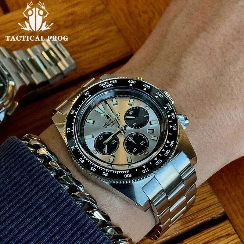 Tactical Frog 41mm Men's Chronograph Watch VS75 Solar Movement Waterproof Sapphire Green C3 Luminous Quartz Wristwatch