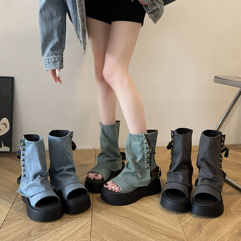 Ddmysports New Denim Studded Open Toe Roman Sandals Thick Soled Platform Tube Slim Boots For Petite Women Outdoor Shoes