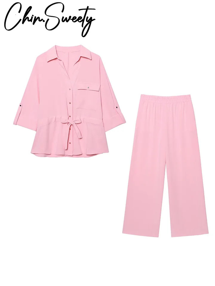 Summer Womens Outfit Casual Solid Shirt Pants Set Long Sleeve Lapel Single Breasted Wide Leg Drawstring Trouser 250723