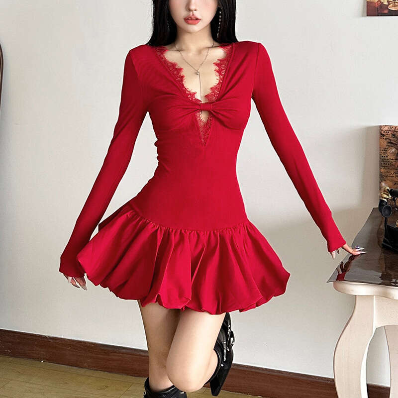 2024 Autumn New Women's Solid Color Sexy Long Sleeve V-Neck Lace Trim Dress 68a