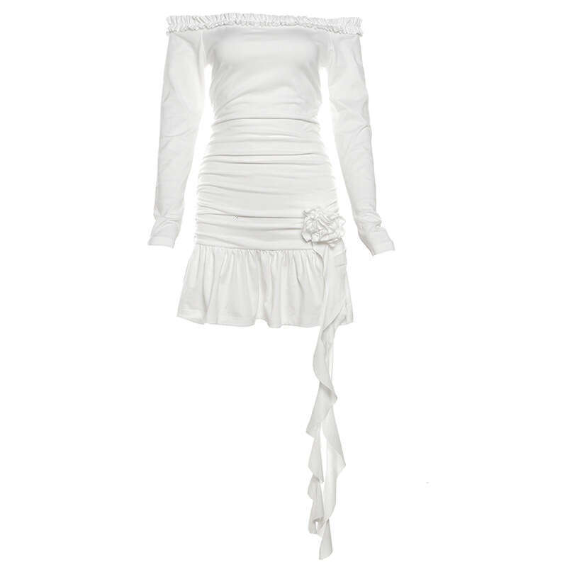 2024 Autumn New Women's Solid Color Slim High Waist Fashion Off-Shoulder Long Sleeve Dress e10