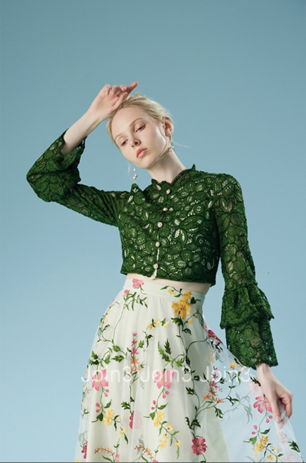 Summer New Lace French Blouse for Women Romantic Temperament Bell Sleeve Green Shirt 2295