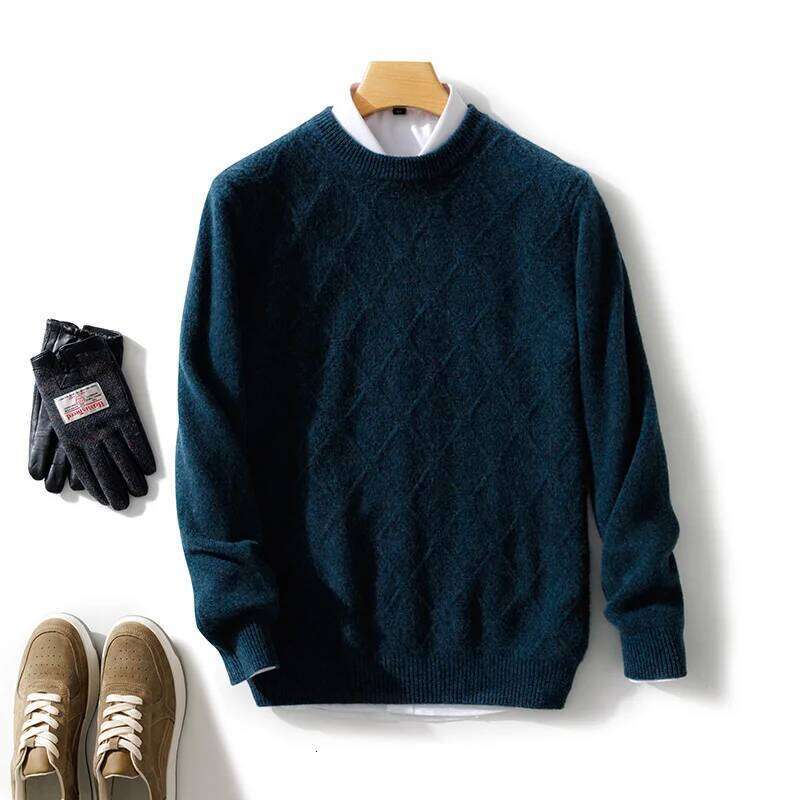 New Men's O-Neck Dia Grid Pullover 100% Pure Cashmere Wool Soft Sweater Autumn Winter Casual Thick Basis Large Size Top