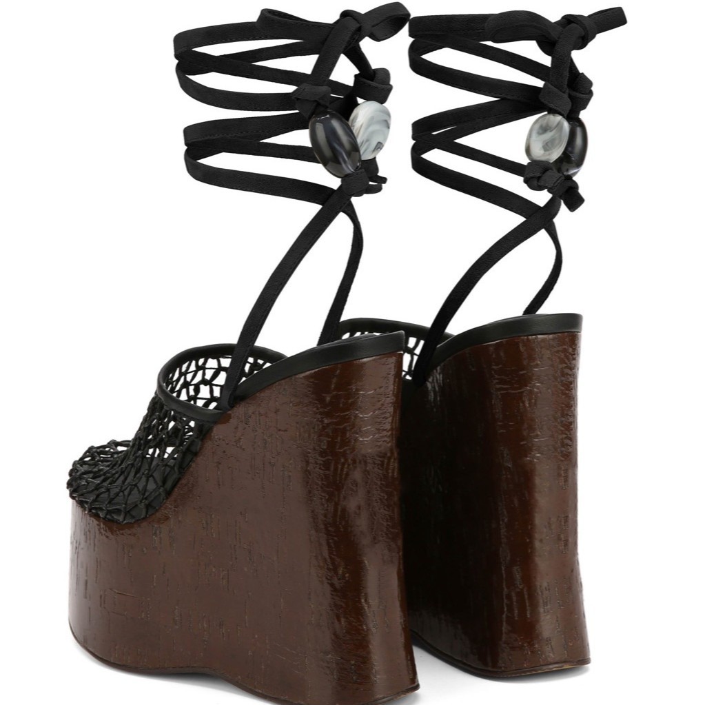 Women's 13cm Wood Grain Platform Fishnet Sandals - Adjustable T-Strap, Chunky Heel, Summer Festival Shoes (Nude/Black)