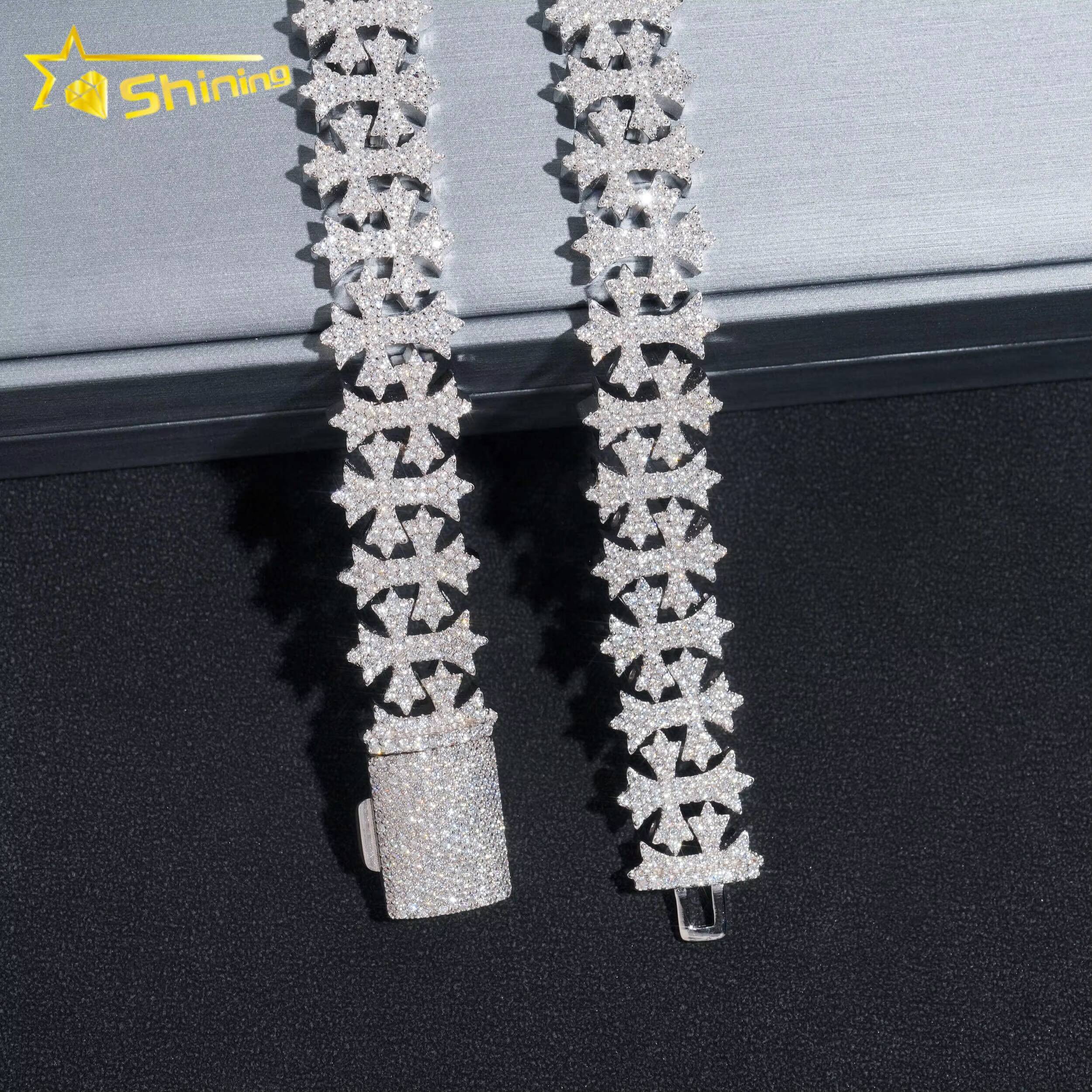 Pass Diamond Tester New Design 925 Sterling Silver 16MM Cross VVS Moissanite Cuban Link Chain Bracelet