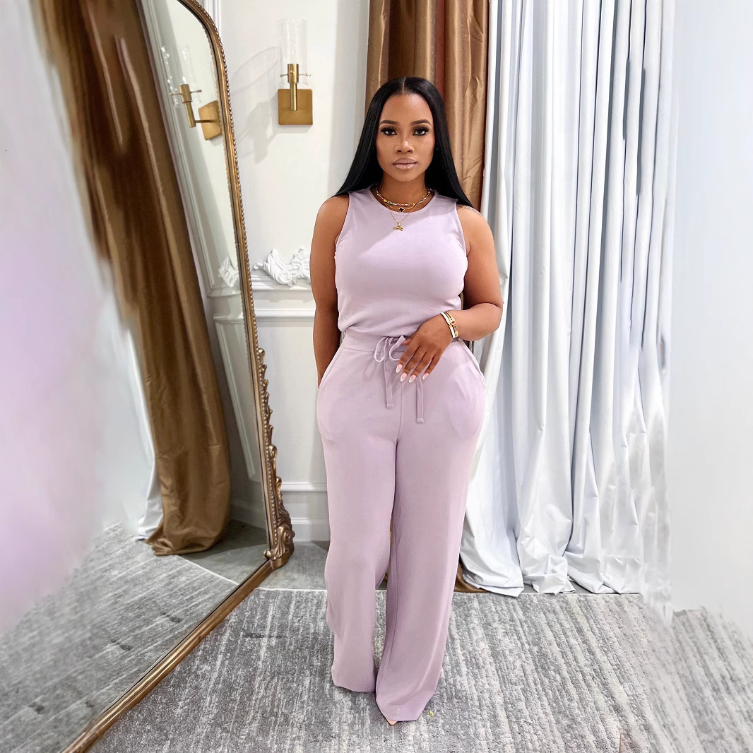 TW728 Summer New Versatile Fashion Slimming Casual Womens Sleeveless Tie Solid Color Commuter Jumpsuit