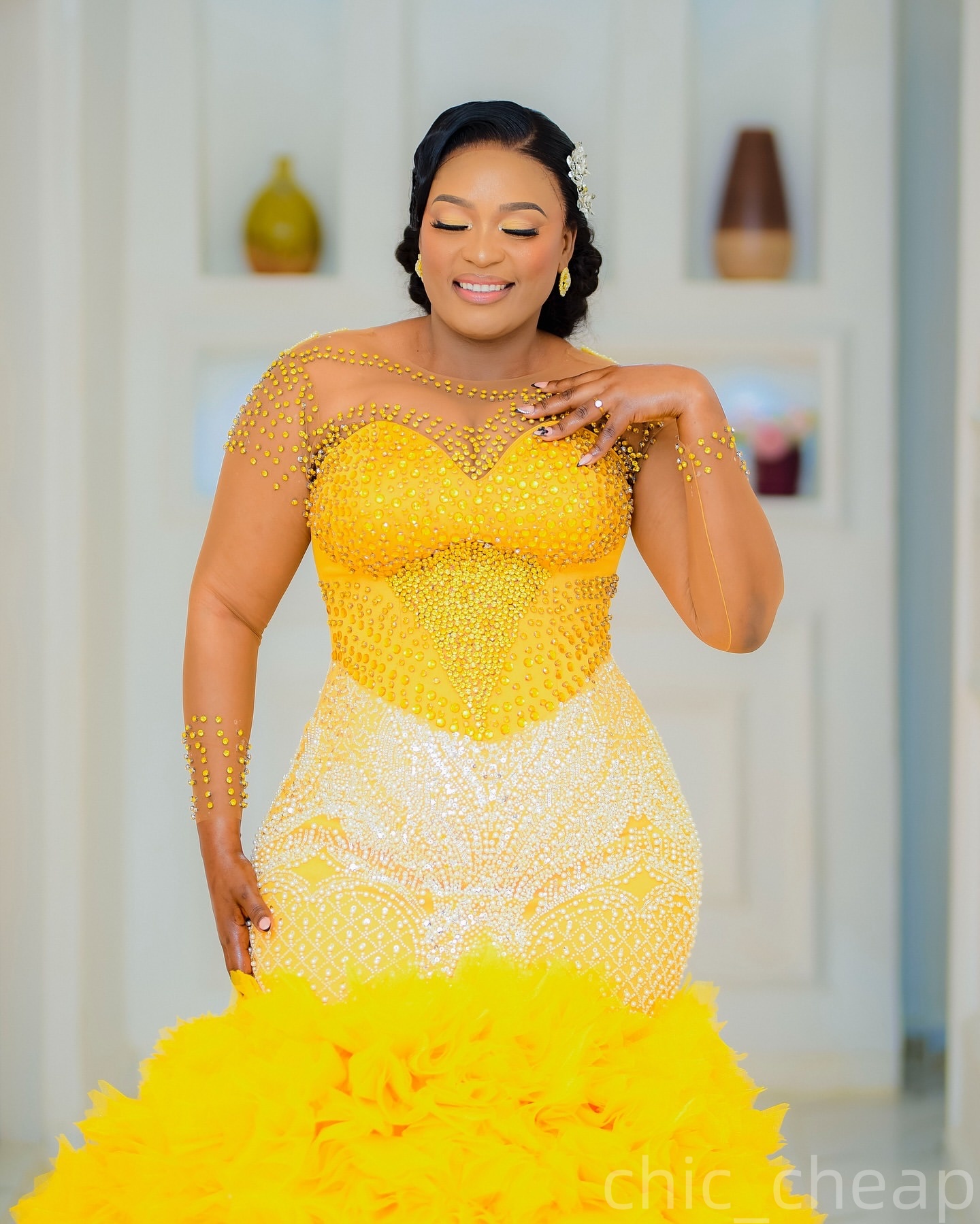 Mermaid Yellow Prom Dresses 2025 Crystals Beaded Tiers Tulle Luxurious Evening Formal Party Second Birthday Engagement Gowns Plus Size Dress For Speci