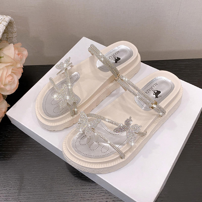 Ddmysports Fairy Style Beach Two Way Sandals French For Women Summer Outdoor New Butterfly Rhinestone Decorated One Strap Slippers Outdoor Shoes