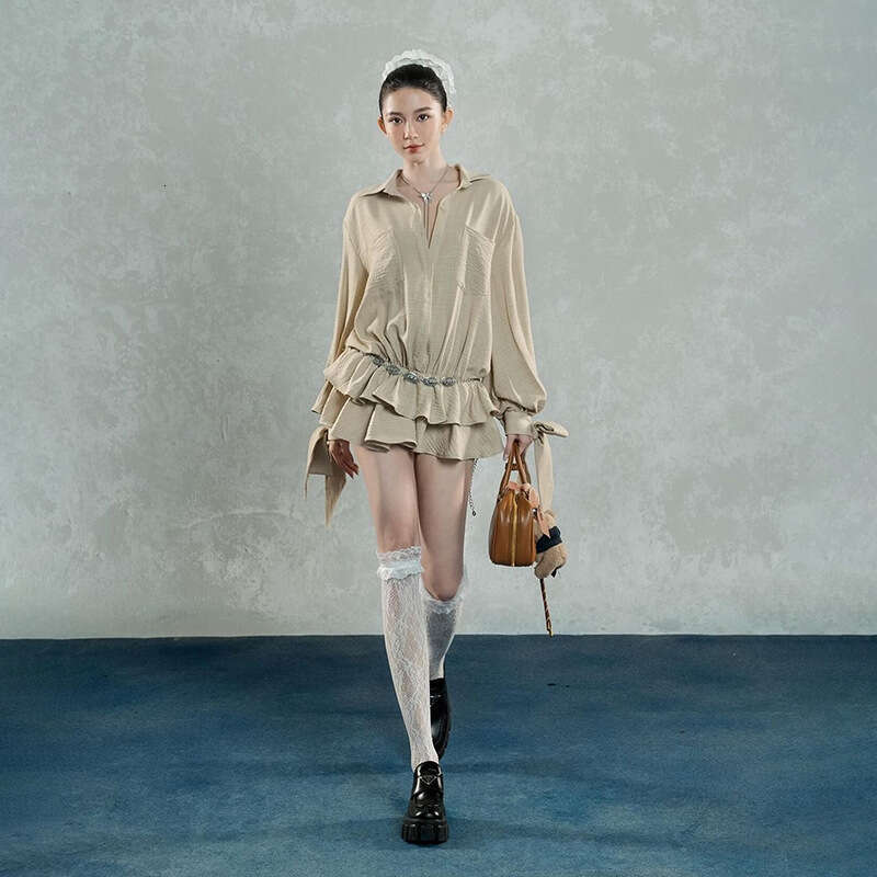 2024 Autumn New Women's Solid Color Loose Street Fashion Low Waist Turn-Down Collar Long Sleeve Dress 55e