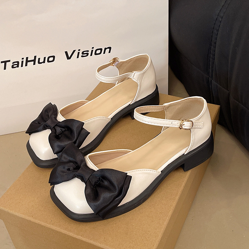 Ddmysports Women S Peep Toe Sandals Summer New Fairy Style Bowknot French Low Heel Square Mary Jane Shoes Outdoor Shoes