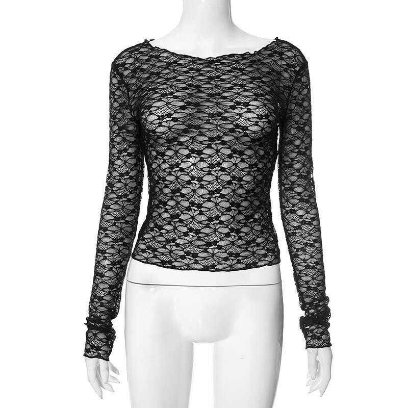 Dtp602 Women's Autumn New Solid Color Round Neck Simple Sexy Lace Long Sleeve Top B5