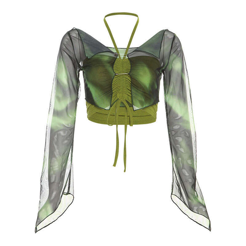 2023 Summer New Fashion Printed Long Sleeve Blouse Halter Neck Tube Top Two-Piece Set for Women 33c
