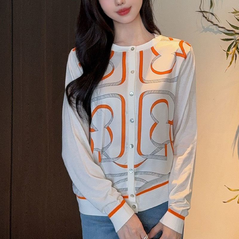 Ladies Cotton Chain Print Knit Cardigan - Designer Round Neck Long Sleeve Sweater, Multi-Color Options Classic Y2K Fall Transition Clothes S0767