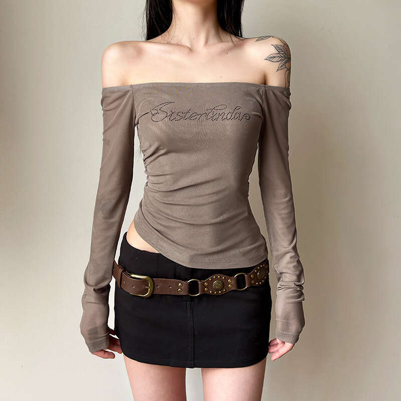 2025 Spring Women's Fashion Sexy Off-Shoulder Design Personality Rhinestone Mesh Long Sleeve Top for Women 963