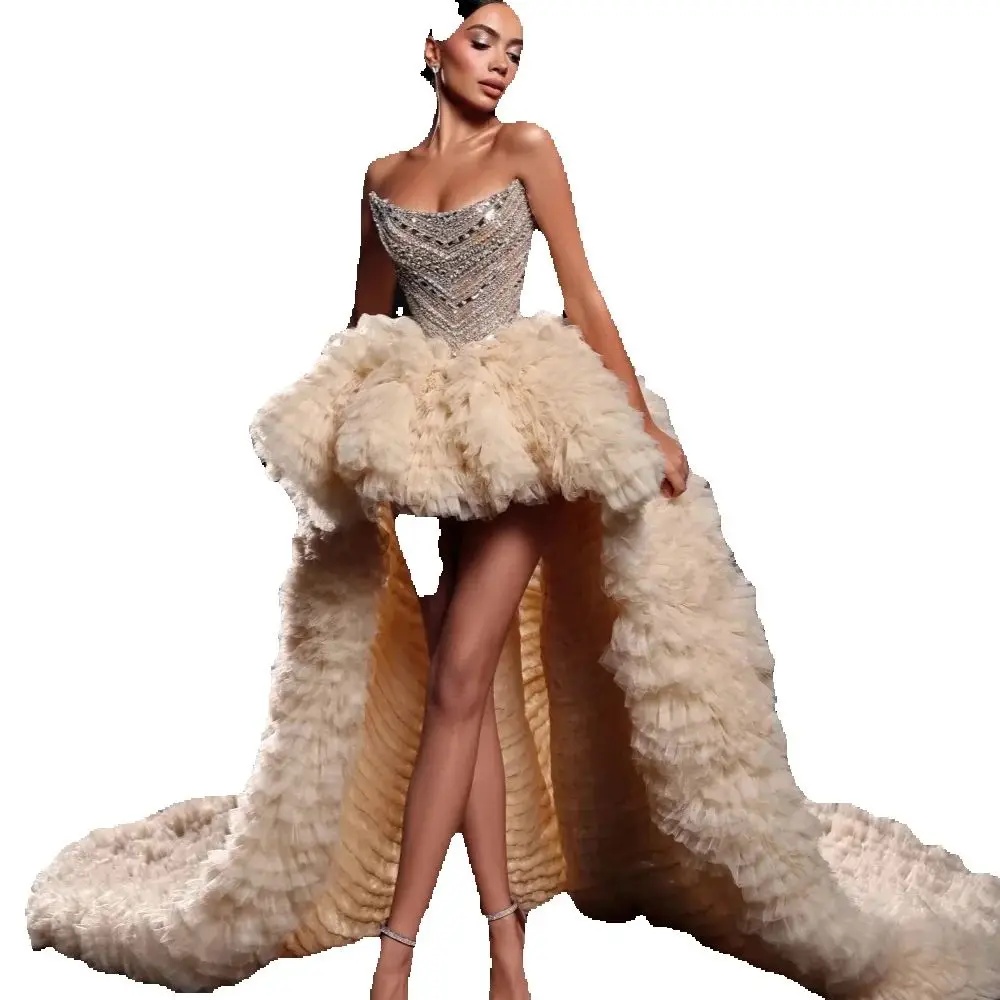 Sparkly Crystal Sequined Prom Dresses Sexy Sleeveless Strapless Evening Dress Customized Tiered Ruffles Sweep Train Party Gown