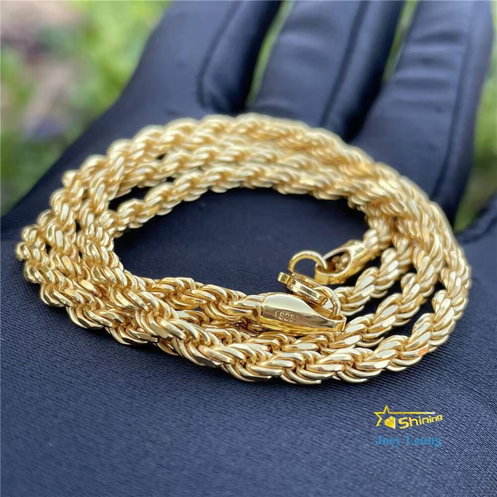 Large Stock Hip Hop Jewelry 1.9mm-6.0mm Rope Chain Necklace 925 Sterling Silver Gold Plated Rope Chains
