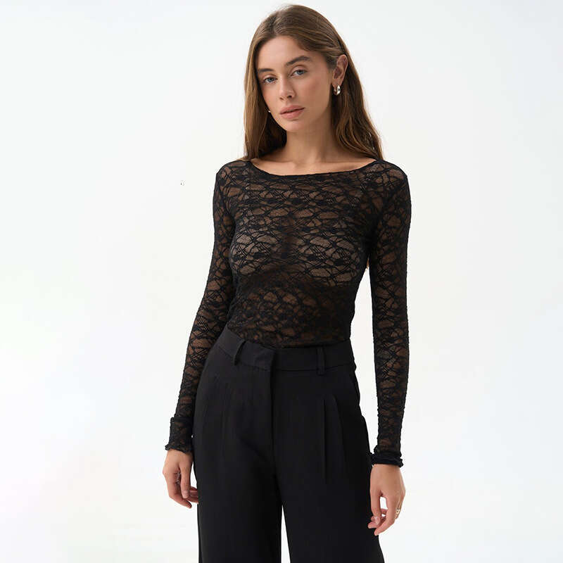 Dtp602 Women's Autumn New Solid Color Round Neck Simple Sexy Lace Long Sleeve Top B5