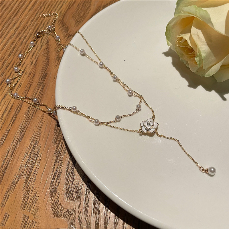 Double Layer Camellia Necklace ~ Pearl Tassel Niche Design High-end Light Clavicle Neck Chain for Women Jewelry for Women