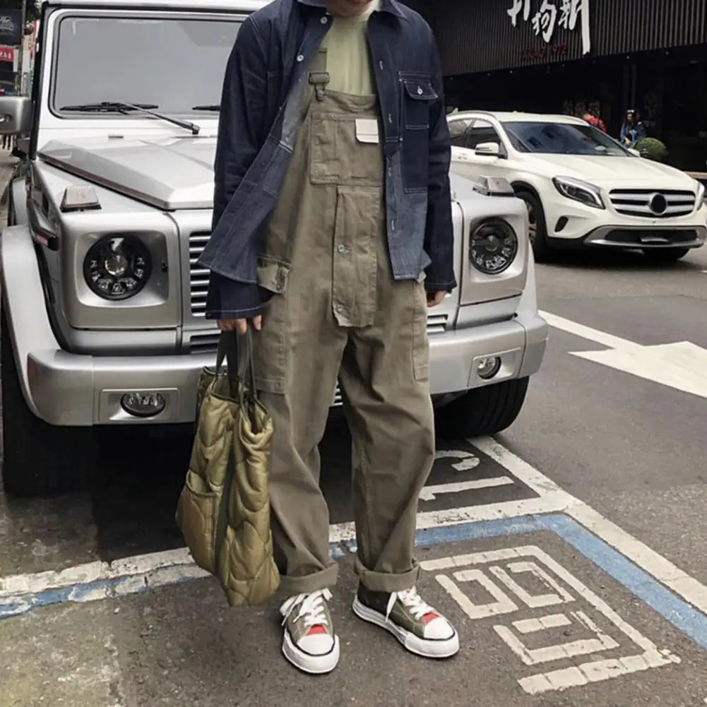 Men Jumpsuit Stylish Big Pockets Cargo Work Pants Hip Hop Sleeveless Retro Male Clothes 250725