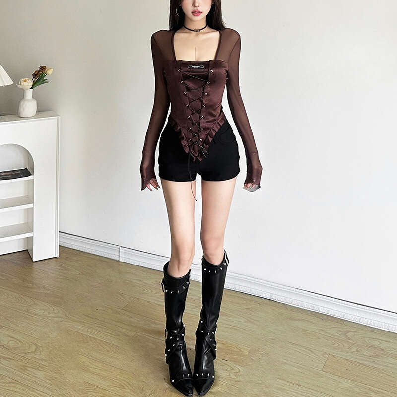 2024 Autumn New Women's Fashion Solid Color Slim Street Style Square Neck Mesh Long Sleeve Top 659