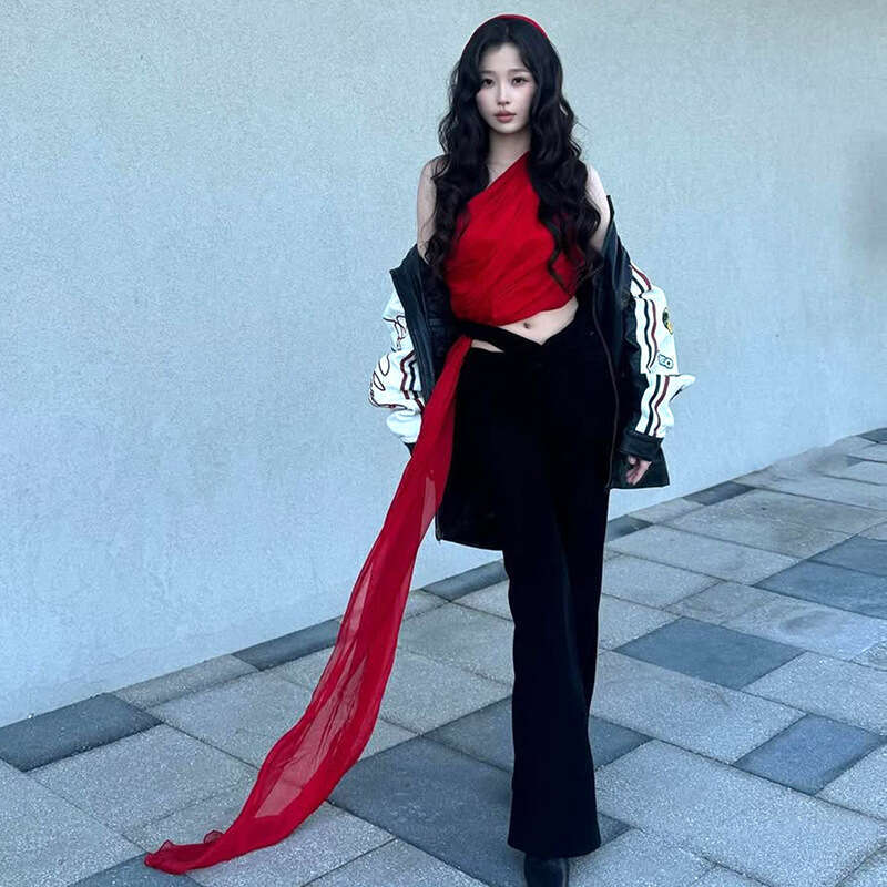 2024 Women's Autumn Winter New Fashion Solid Color Sexy Off-Shoulder Crop Top with Ribbon for Women 44b