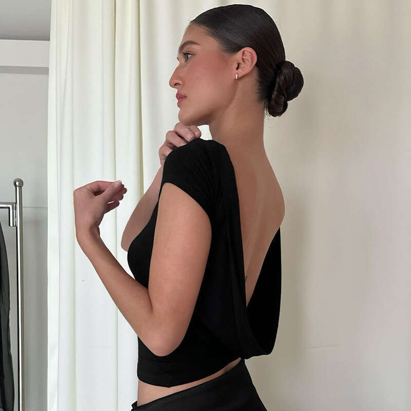 Ytp072 Women's Summer New Solid Color Round Neck Backless Sexy Navel-Baring Fashion Top T-Shirt For Women B5