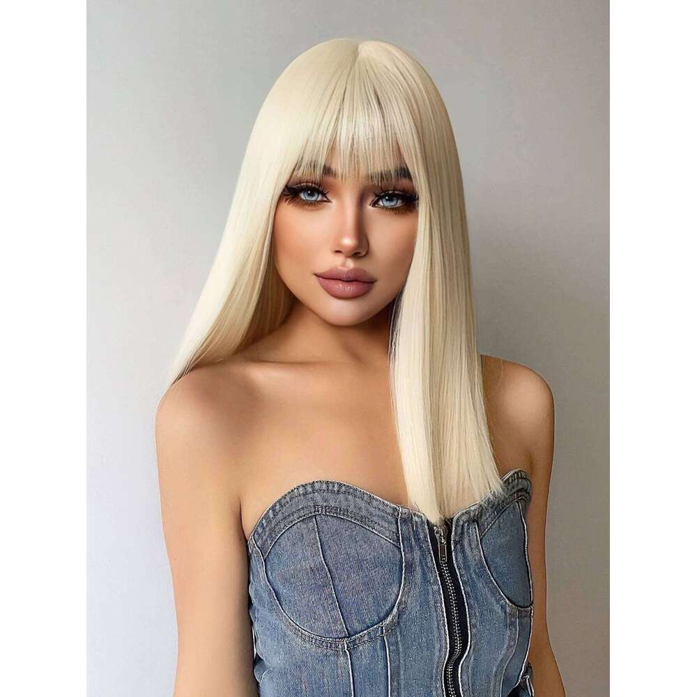 Platinum Blonde Synthetic Wigs With Bang Long Natural Straight Human Hair Wig For Women Daily Use Cosplay Party Heat Resistant