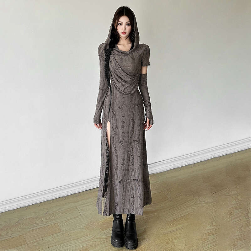 2024 Autumn New Women's Solid Color Slim High Waist Fashion Hooded Long Sleeve Split Dress a22