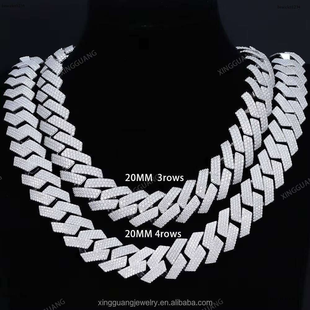 20mm 3Rows 4Rows Stones Heavy Link Necklace S Sier Iced Out VVS Moissanite Men's Cuban Chain Hip Hop Jewelry