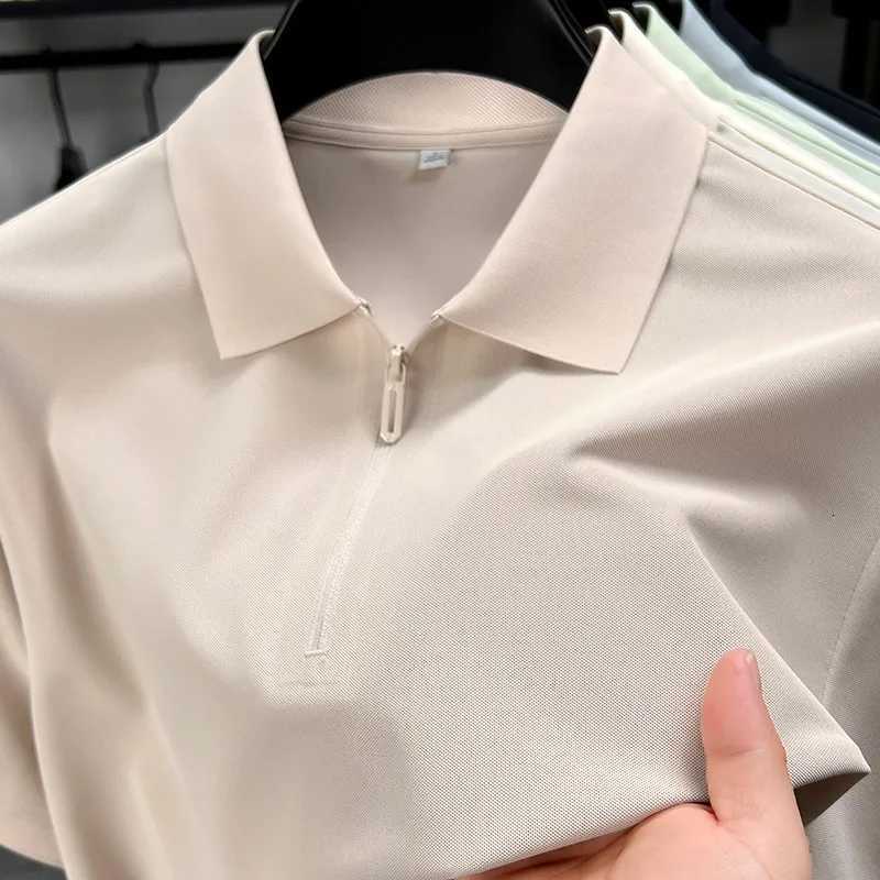 Mens Half-Zip Polo Shirt Light Beige Breathable Casual Slim Fit Stretch Cotton Classic Collar Business Casual Tops XJ250725