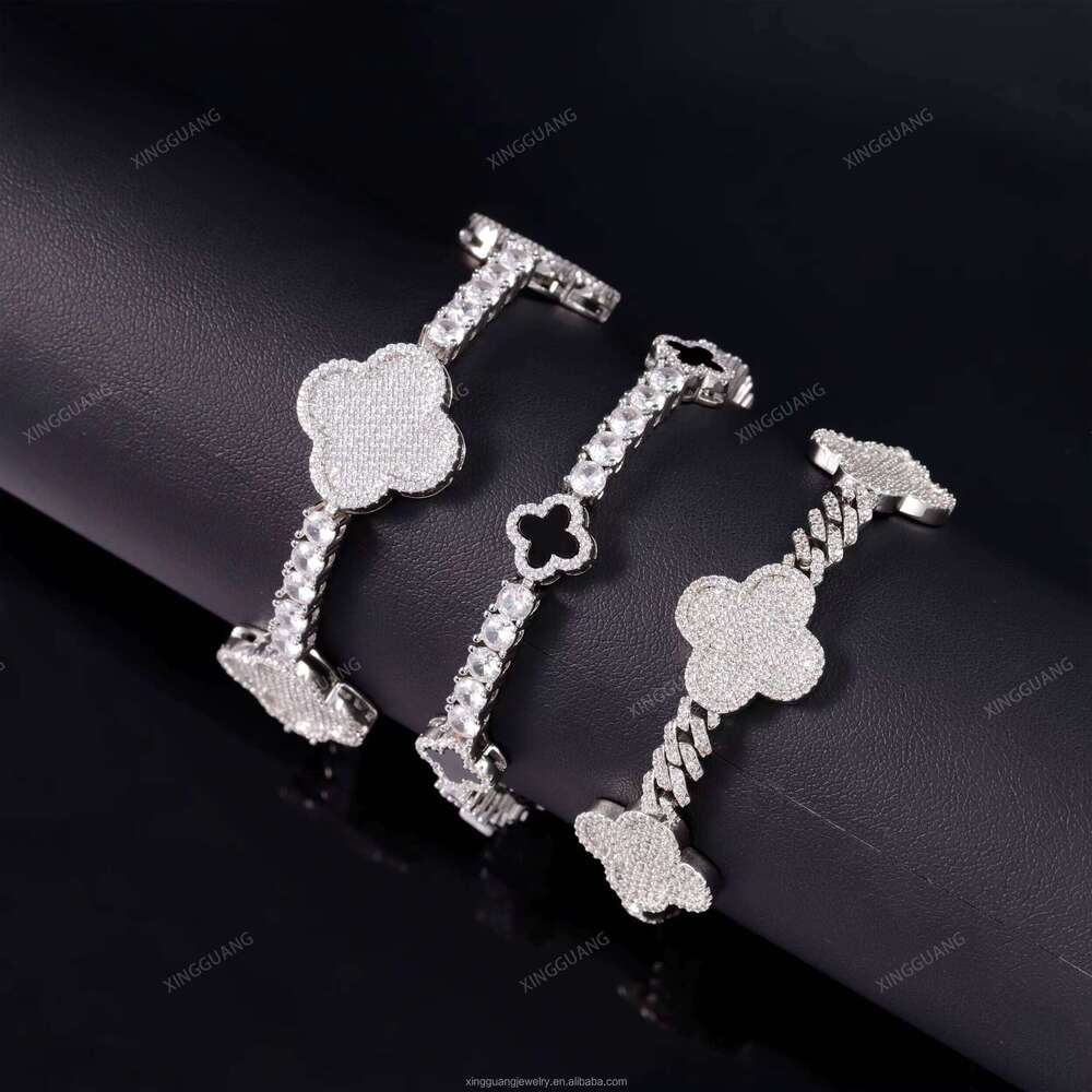 Iced Out Cuban Sterling Sier VVS Moissanite Dia Four Leaf Clover Bracelet 3mm 4mm Tennis Chain