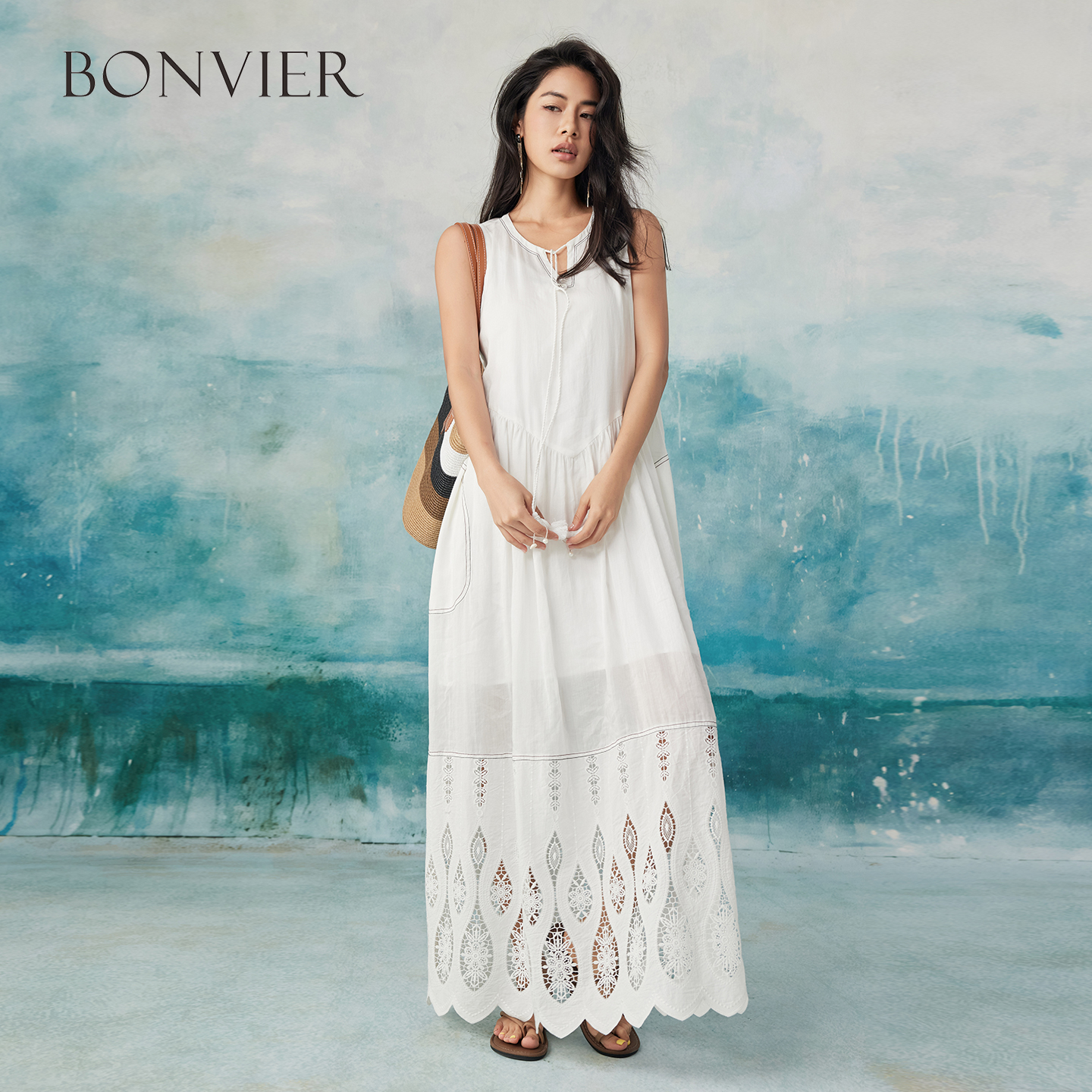 2025 summer new elegant temperament hollow senior long skirt splicing embroidery white dress 6116806