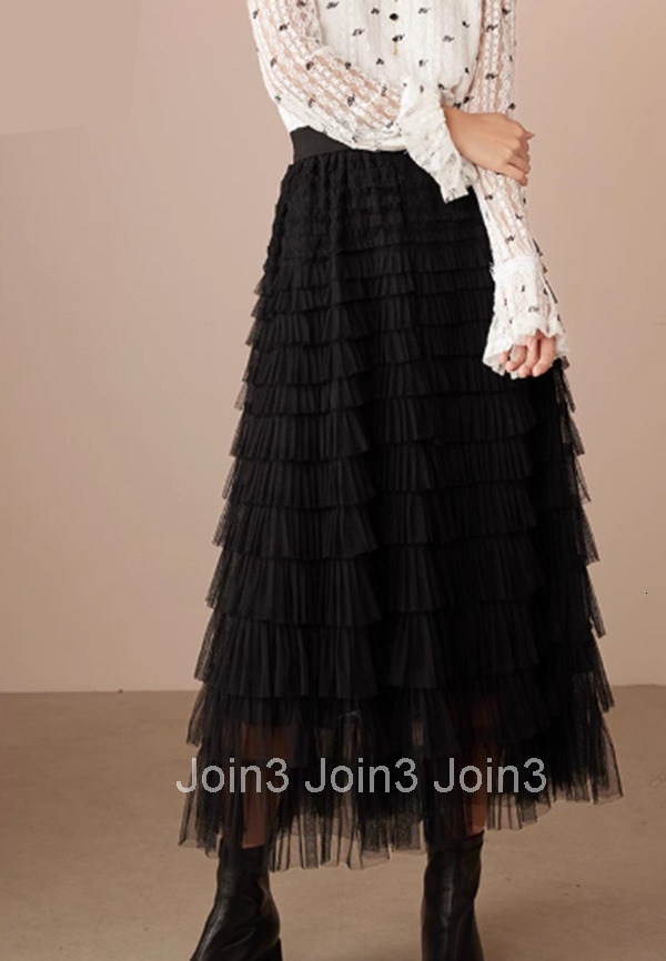 Summer New High Waist Mesh Mid-Length Skirt Fashion A-Line Skirt Versatile Black Tiered Skirt 1611