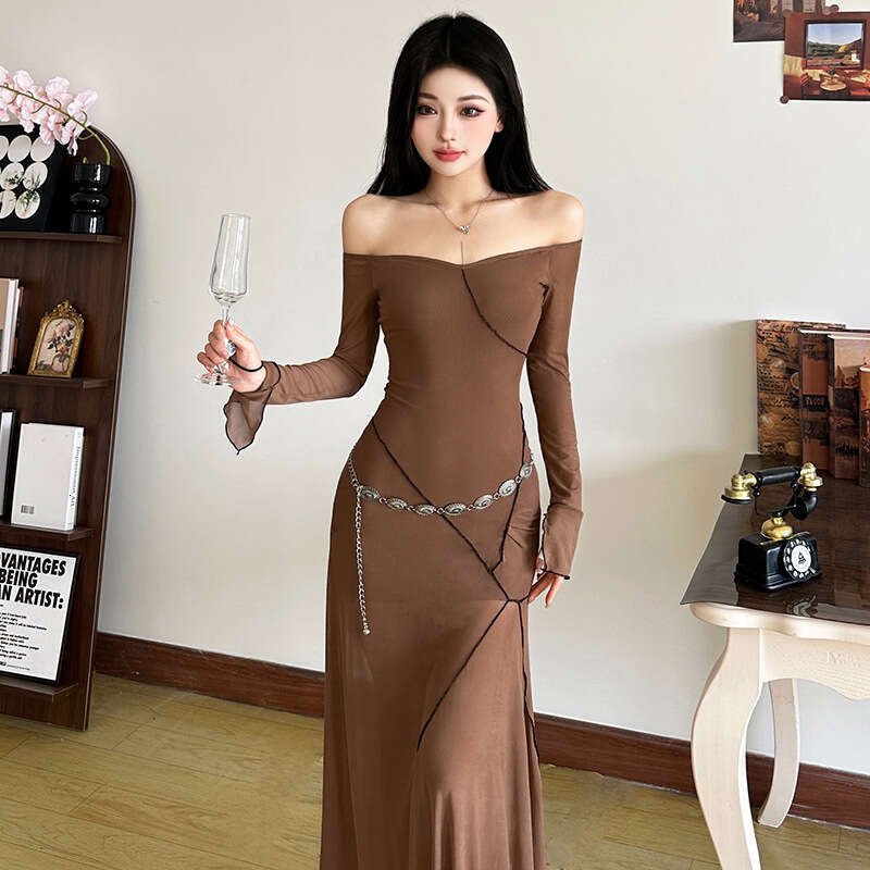 2025 Spring New Women's Solid Color Slim High Waist Fashion Off-Shoulder Long Sleeve Dress e79