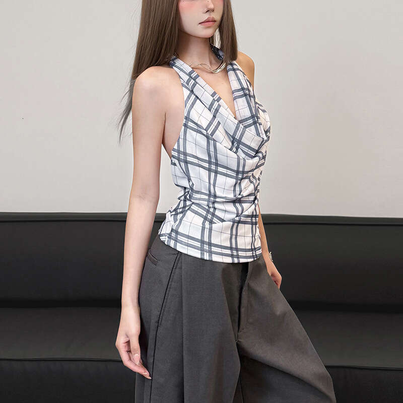 2025 Spring/Summer New Women's Fashion Street Style Sexy Sleeveless Halter Plaid Vest aad