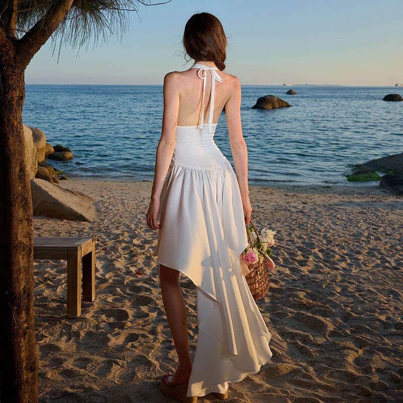 2025 Spring New Women's Solid Color Slim High Waist Fashion Halter Neck Sleeveless Backless Dress 282