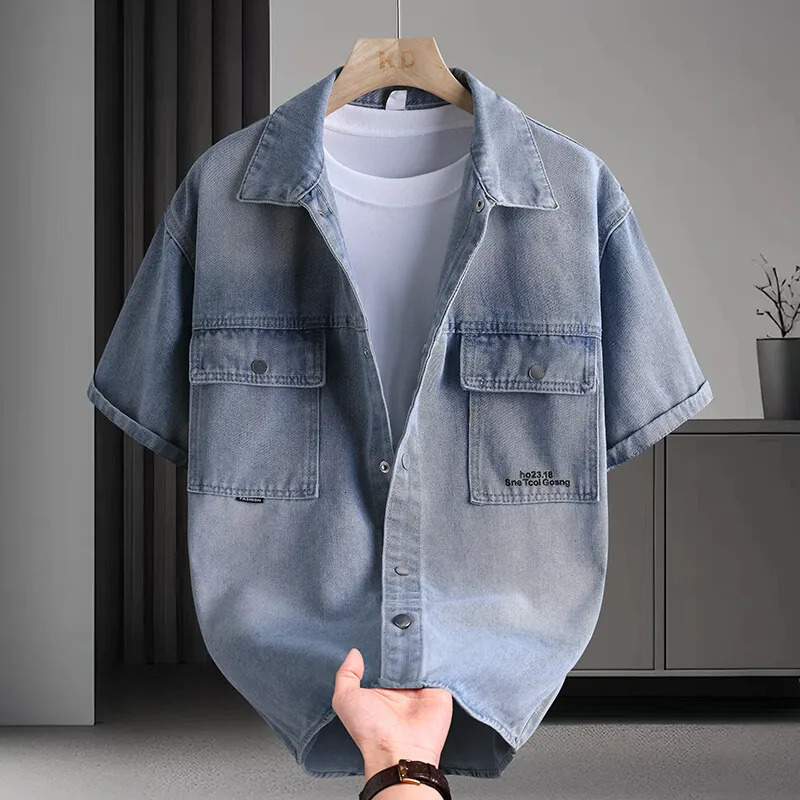 Trendy Mens Solid Denim Shirt Soft Breathable Lapel Collar DoublePocket ShortSleeve Casual Comfortable Top 250725
