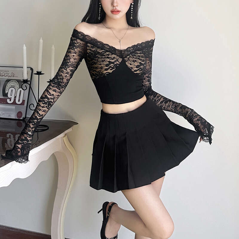 2024 Autumn New Women's Solid Color Slim Fit Fashion V-neck Long Sleeve Lace Patchwork Top 5c8