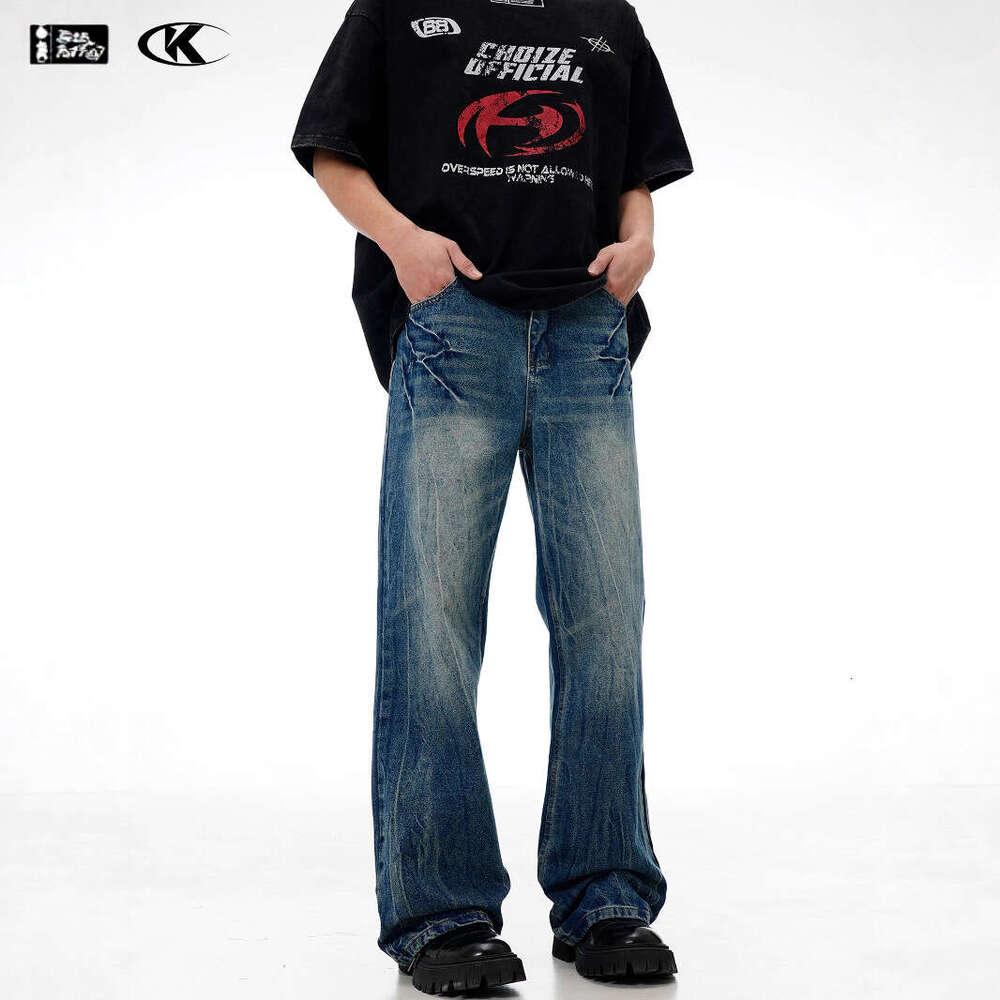 11Kn American Style Lightning Crack Blue Straight Jeans Unisex Washed Design Loose Slimming Casual Long Pants