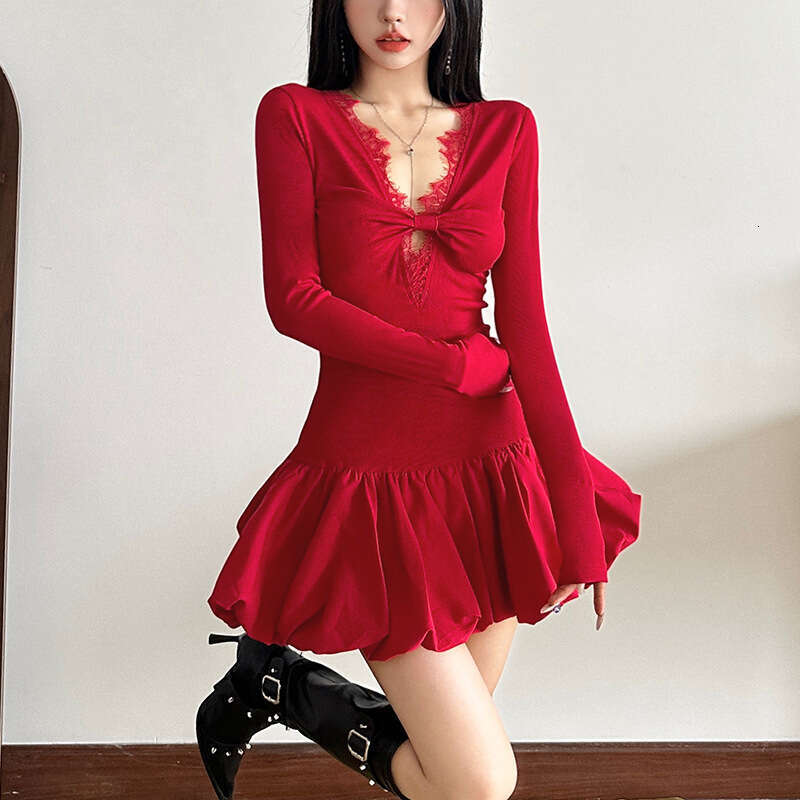 2024 Autumn New Women's Solid Color Sexy Long Sleeve V-Neck Lace Trim Dress 68a