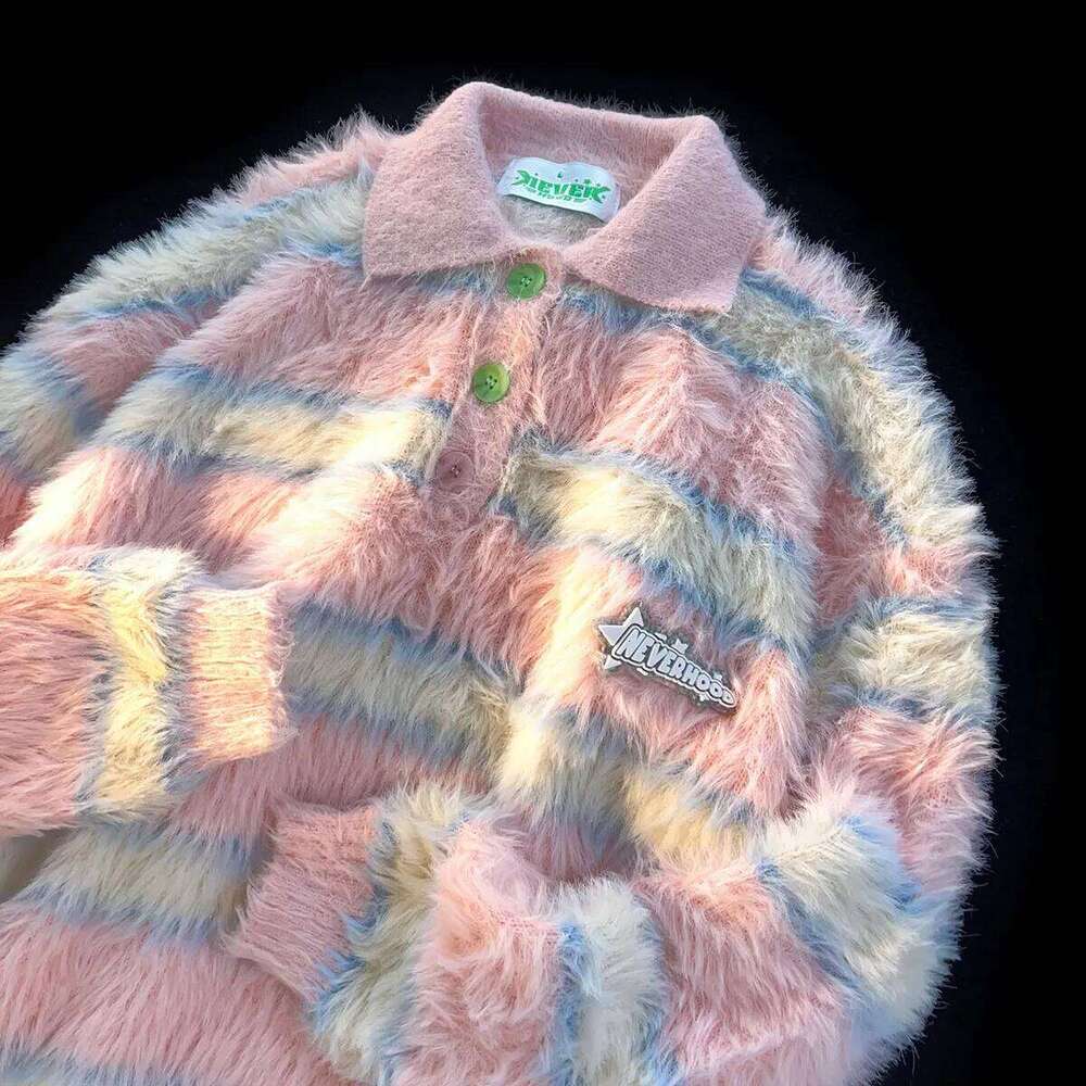 Pink Striped Mohair Knit Sweater Women's Polo Neck Y2K Japanese Small Fresh Loose Pair Pullover Top Boys Girls Spring 2023 New