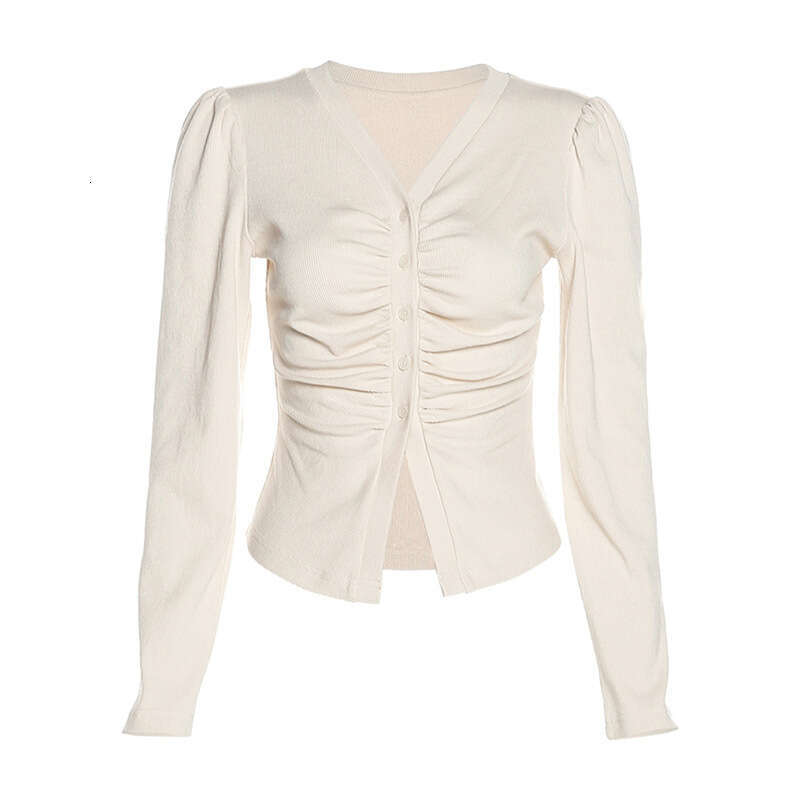 INS Women's Fashion 2022 Spring New Solid Color Slim Fit Ruched Single-Breasted Cropped Long Sleeve T-Shirt for Women 655