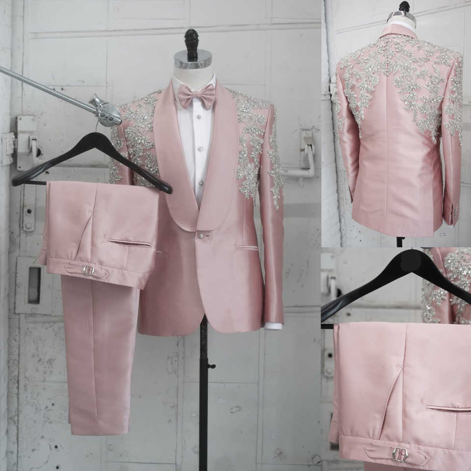 Noble Pink Men's Suits 2 Piece Set Jacket Pants Crystal Beaded Wedding Groom Tuxedo Party Evening Suits Customized