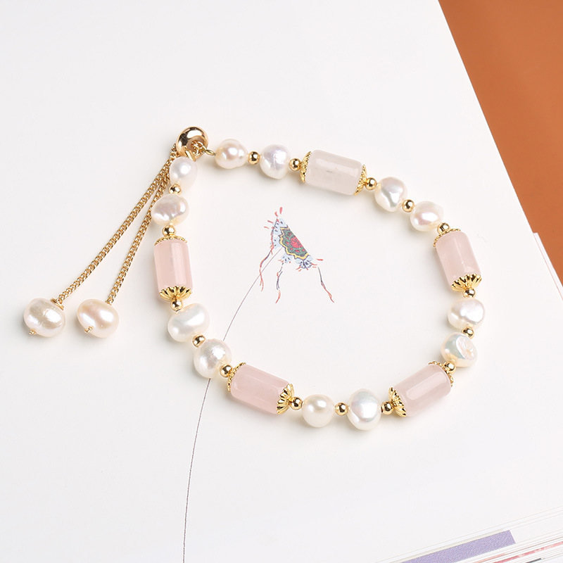 New Design Natural Rose Quartz Barrel Beads & Baroque Freshwater Pearl Bracelet Trendy Fresh Style Jewelry for Women