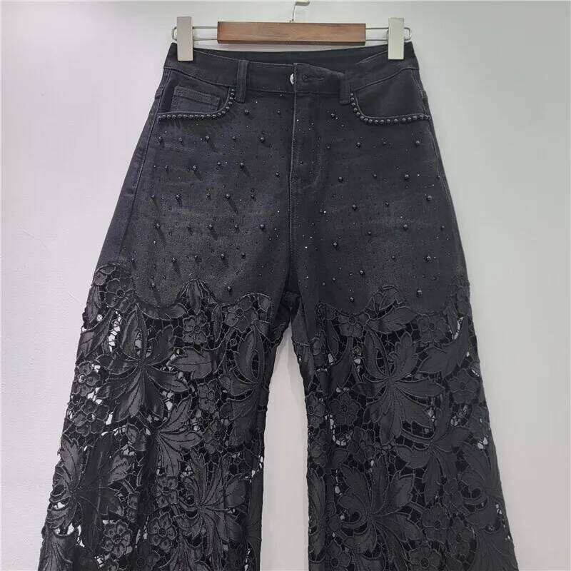 Women's Denim Pants Black Dias Patchwork Lace Hollow Out Embroidery Straight Jeans 2025 New Summer Fashion 29A1882